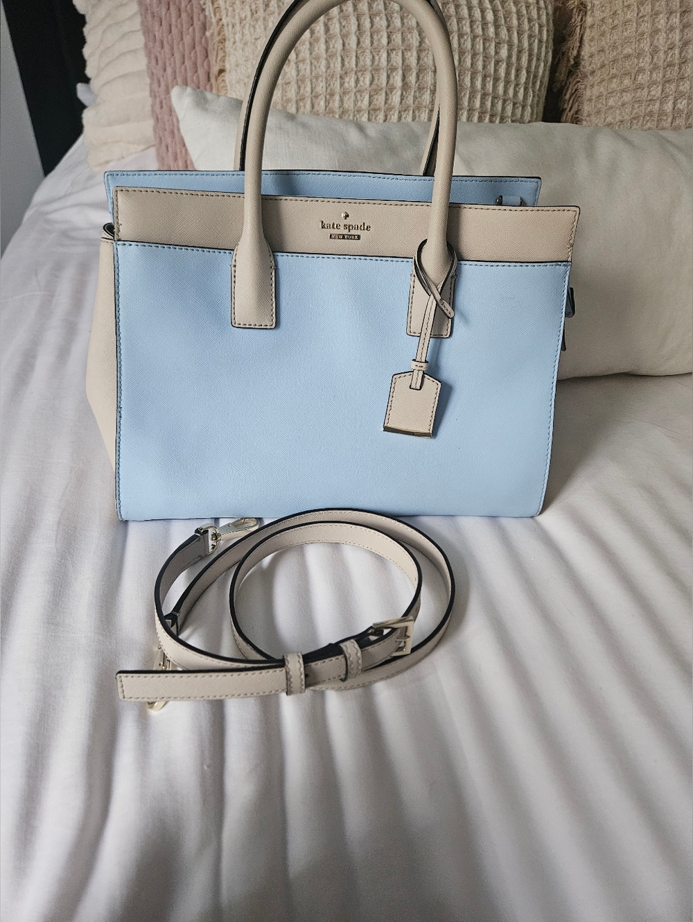 kate spade Light Blue and Cream Leather Satchel with Strap